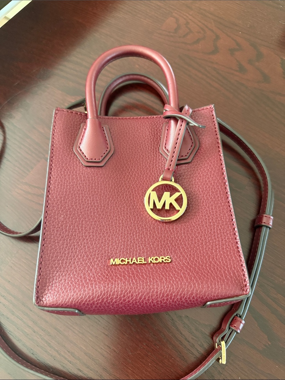 Michael Kors Burgundy Pebbled Leather Mini Tote with Gold Logo Charm
